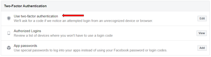 Screenshot showing security settings in a Facebook account.