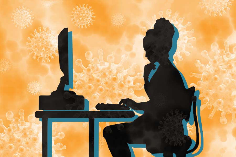 Illustration of woman working from home apprehensively looking at a computer screen