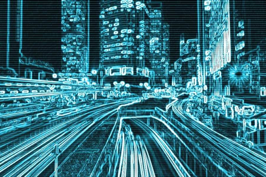 Illustration of city skyline in electric blue from our San Marcos TX cybersecurity company