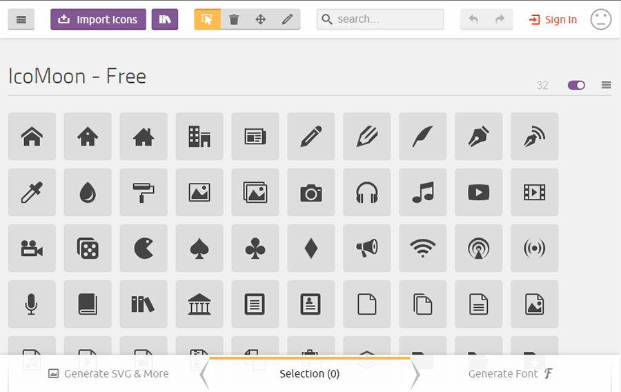 Screenshot showing a starter project open in IcoMoon's app