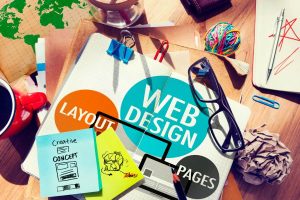 web design graphic logo with design elements and tools around it